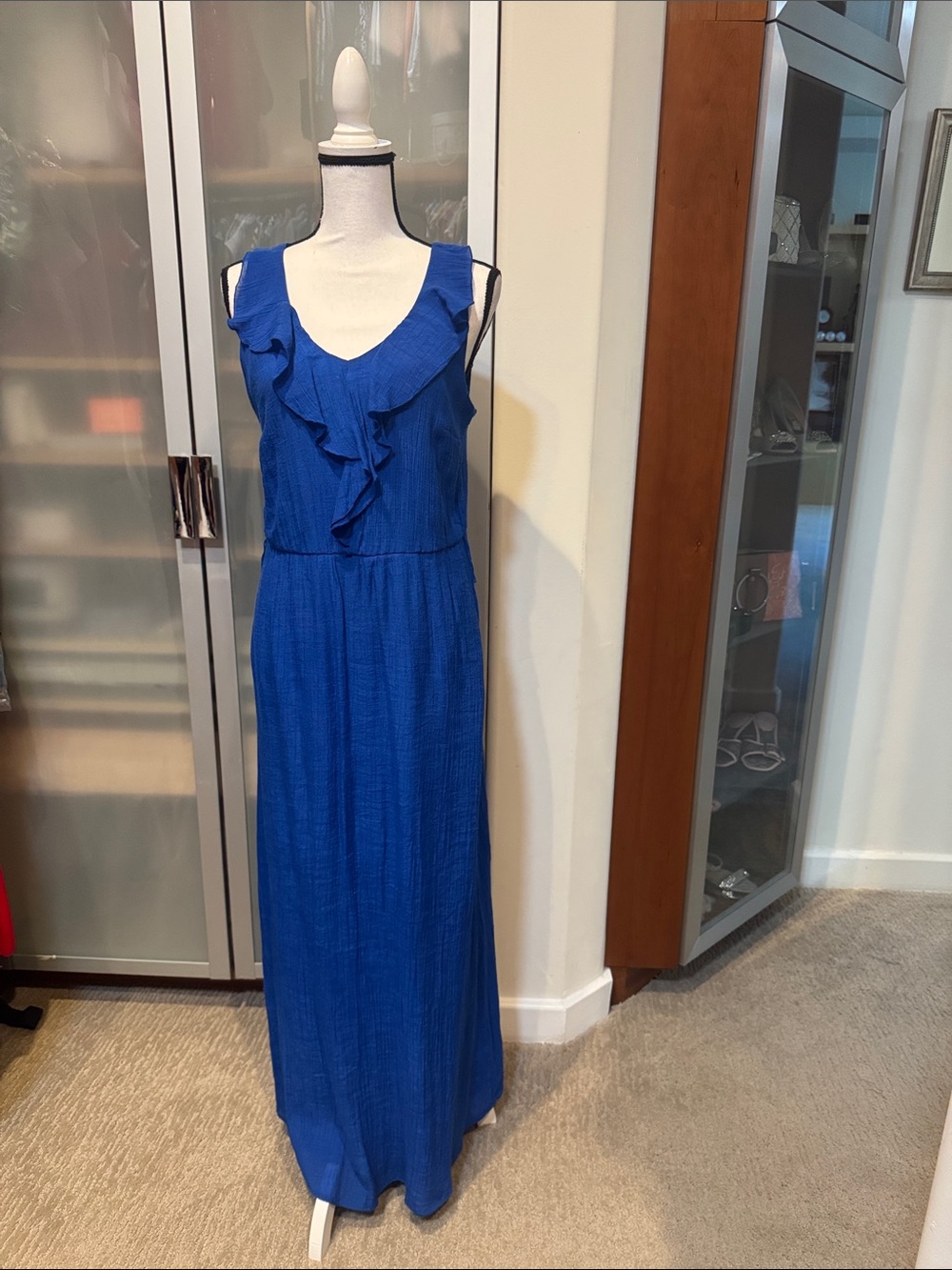AB Studio Cobalt Blue Ruffle V-Neck Maxi Dress